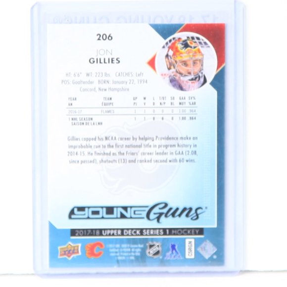 Jon Gillies Upper Deck Youngs Guns #206 2017/18 NHL Team: Calgary Flames Goalie - Picture 2 of 2